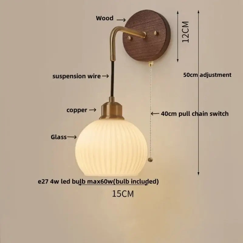 Modern nordic copper adjustable led wall light bedroom glass globe