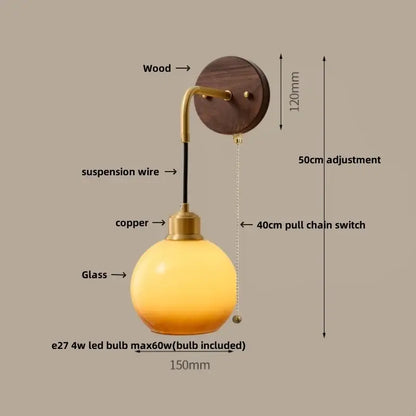 Modern nordic copper adjustable led wall light bedroom glass globe