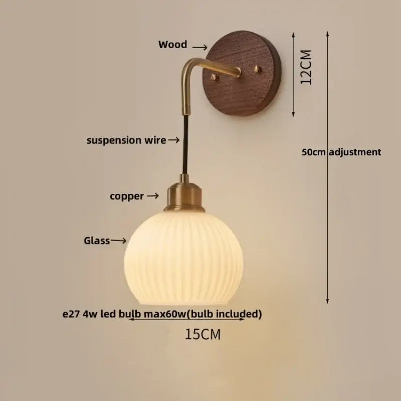 Modern nordic copper adjustable led wall light bedroom glass globe
