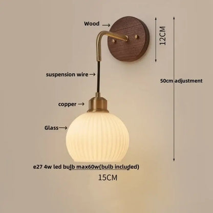 Modern nordic copper adjustable led wall light bedroom glass globe