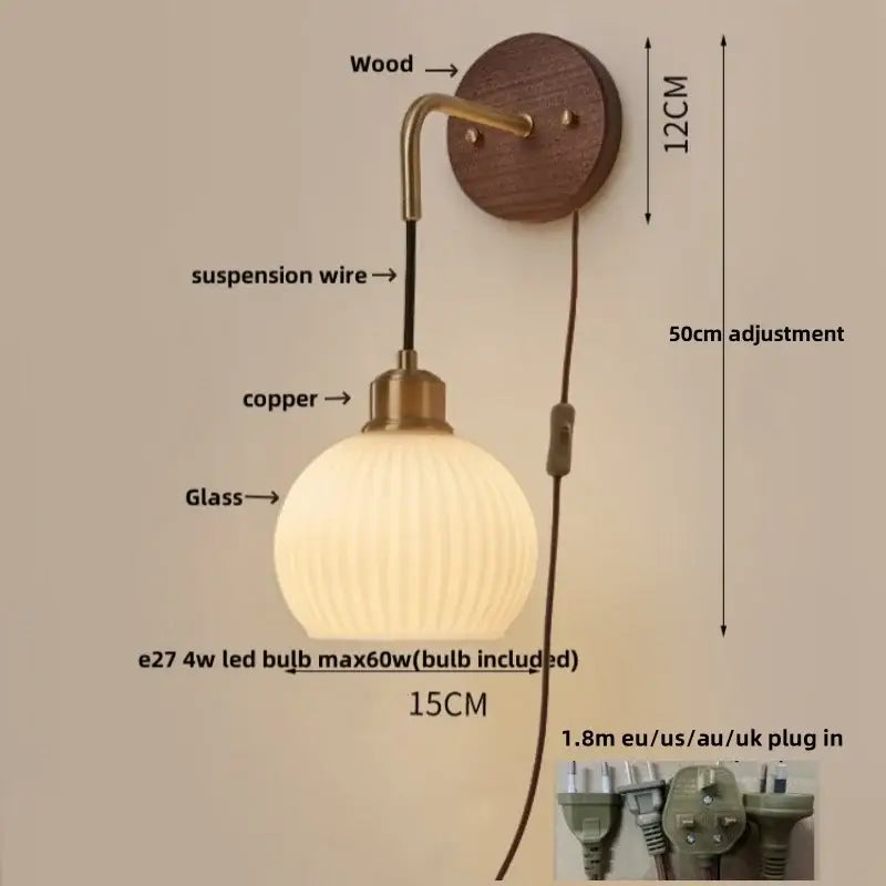 Modern nordic copper adjustable led wall light bedroom glass globe