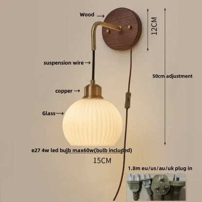 Modern nordic copper adjustable led wall light bedroom glass globe