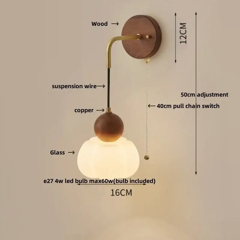 Modern nordic copper adjustable led wall light bedroom glass globe