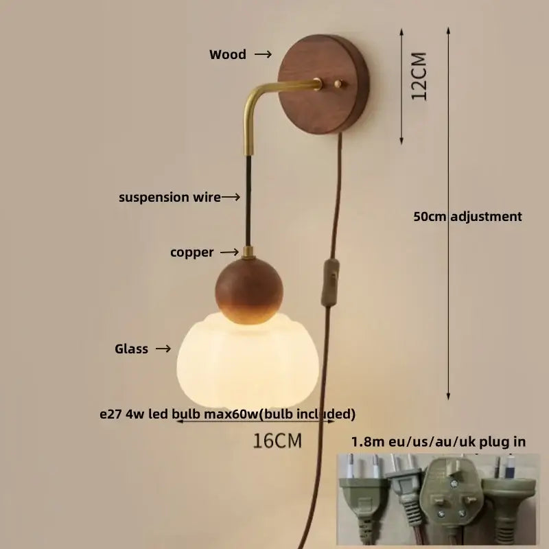 Modern nordic copper adjustable led wall light bedroom glass globe