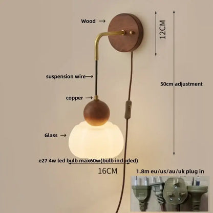 Modern nordic copper adjustable led wall light bedroom glass globe