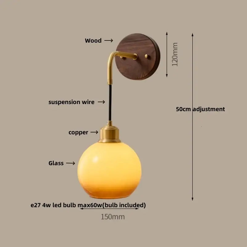 Modern nordic copper adjustable led wall light bedroom glass globe
