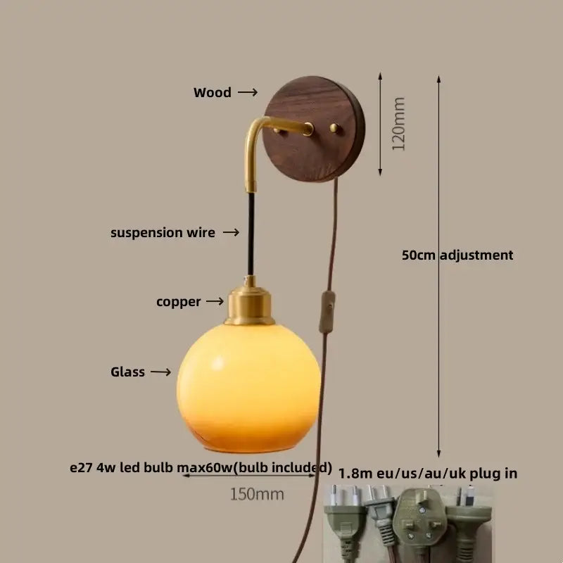 Modern nordic copper adjustable led wall light bedroom glass globe
