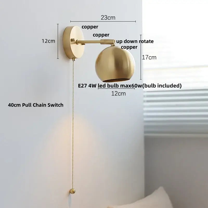 Modern nordic copper wall light bedroom sconce with pull chain switch