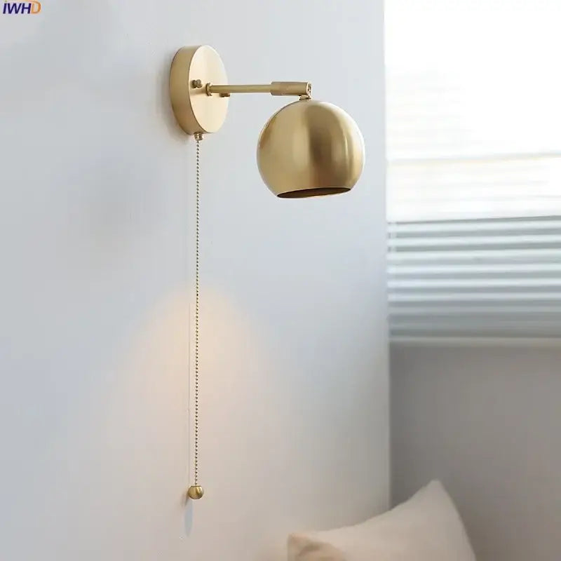 Modern nordic copper wall light bedroom sconce with pull chain switch