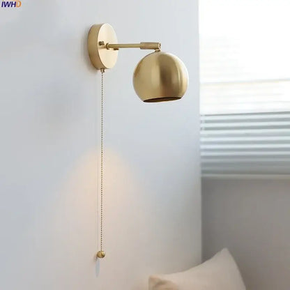 Modern nordic copper wall light bedroom sconce with pull chain switch