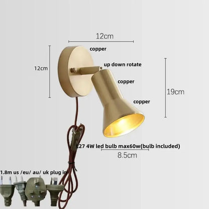 Modern nordic copper wall light bedroom sconce with pull chain switch
