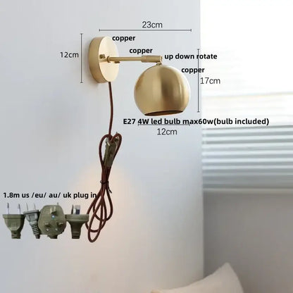 Modern nordic copper wall light bedroom sconce with pull chain switch