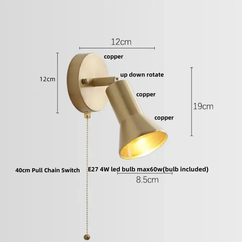 Modern nordic copper wall light bedroom sconce with pull chain switch