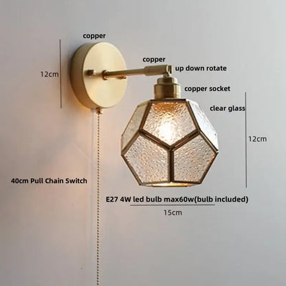 Modern nordic copper wall light bedroom sconce with pull chain switch