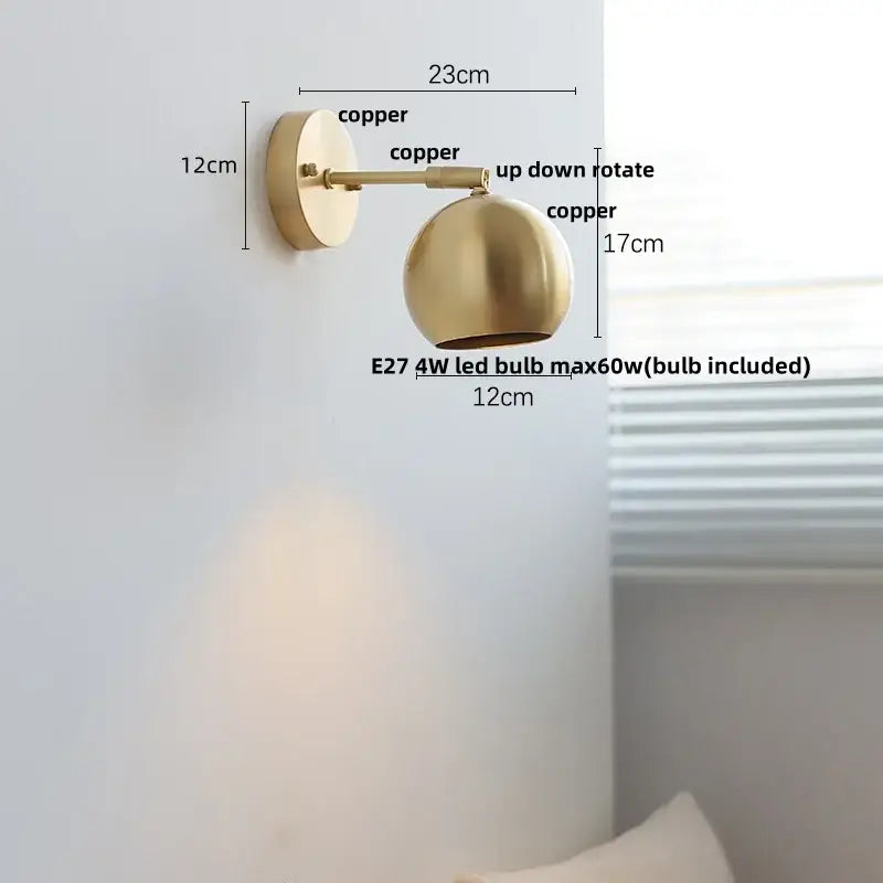 Modern nordic copper wall light bedroom sconce with pull chain switch