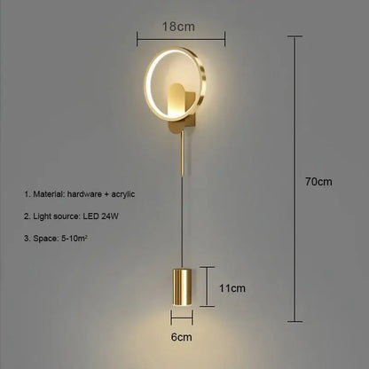 Modern nordic gold led wall light bedroom circular sconce