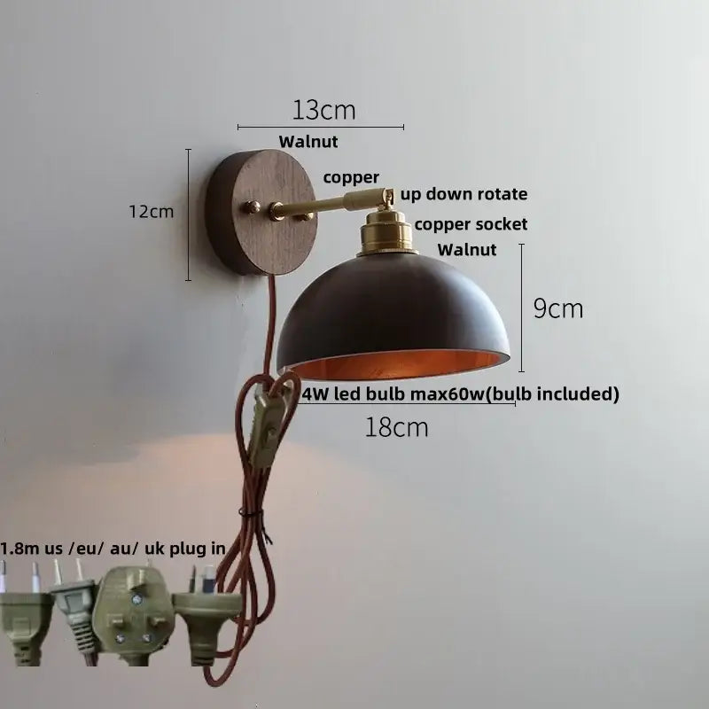 Modern nordic gray and walnut led wall sconce bedroom light fixture