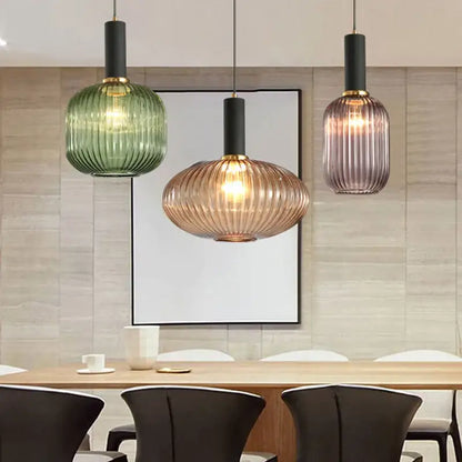 Modern nordic ribbed glass led pendant lights for dining room