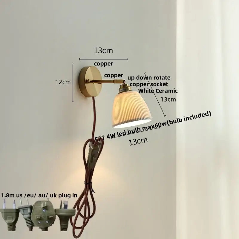Modern nordic white ceramic wall lights brass bedroom adjustable arm