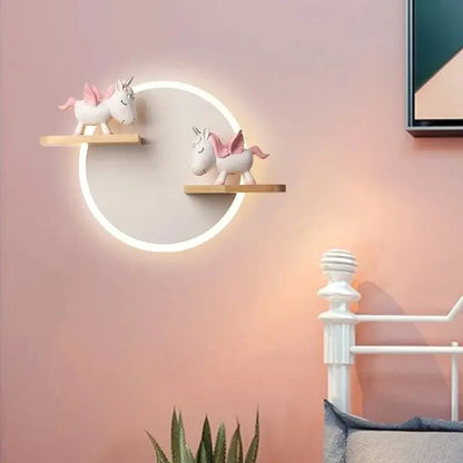 Modern nordic white led wall lamp with wooden shelves for bedroom