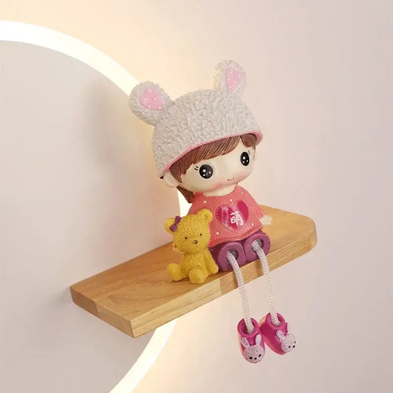 Modern nordic white led wall lamp with wooden shelves for bedroom