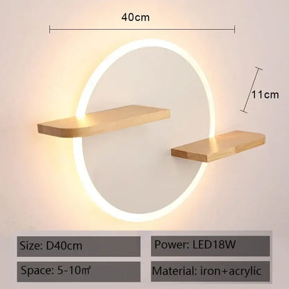 Modern nordic white led wall lamp with wooden shelves for bedroom