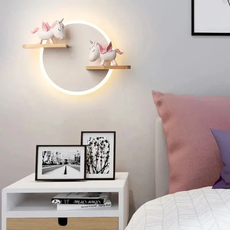 Modern nordic white led wall lamp with wooden shelves for bedroom