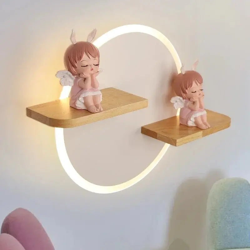 Modern nordic white led wall lamp with wooden shelves for bedroom
