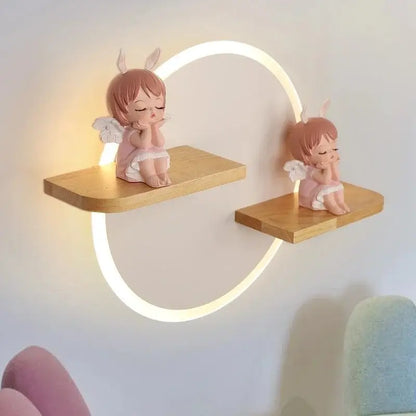 Modern nordic white led wall lamp with wooden shelves for bedroom