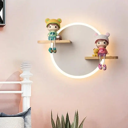 Modern nordic white led wall lamp with wooden shelves for bedroom