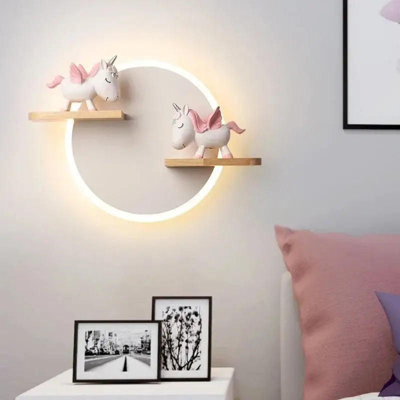Modern nordic white led wall lamp with wooden shelves for bedroom