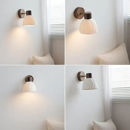 Modern nordic wood and ribbed glass led wall light fixture bedroom