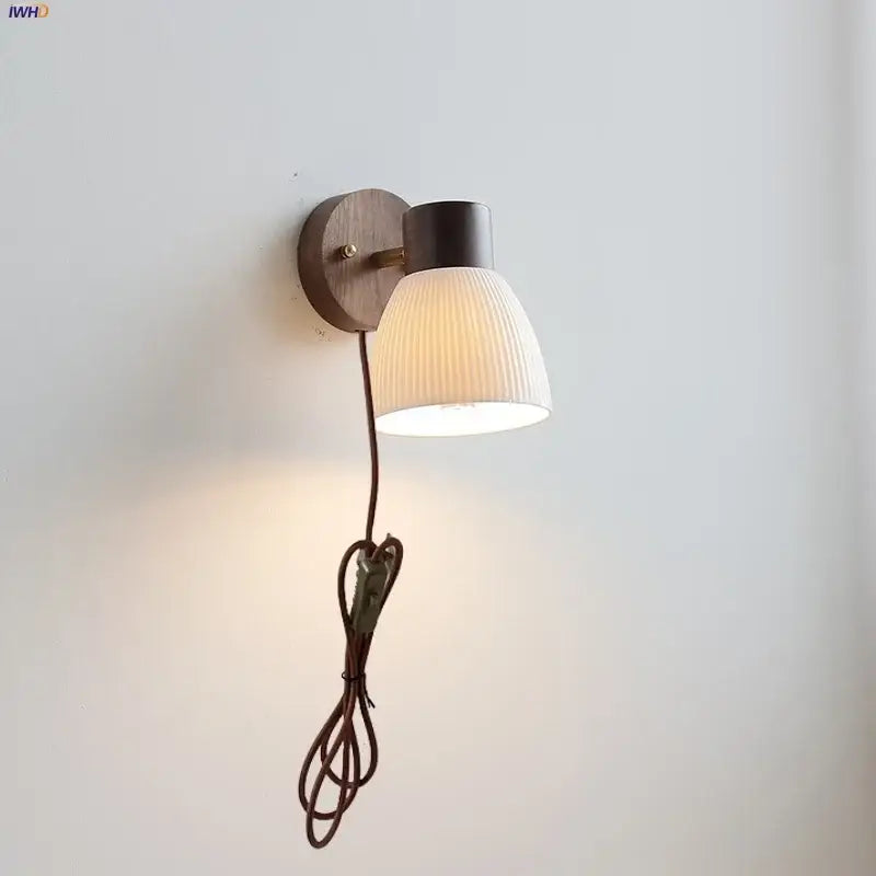 Modern nordic wood and ribbed glass led wall light fixture bedroom