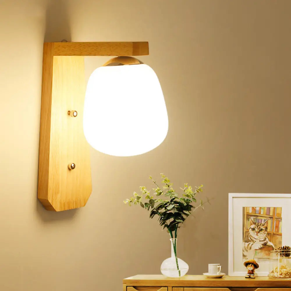 DecorBites™ Modern Nordic Wooden Wall Lamp with Milky Glass Bud Shape & Right Angled Arm - 1 Bulb Wall Light