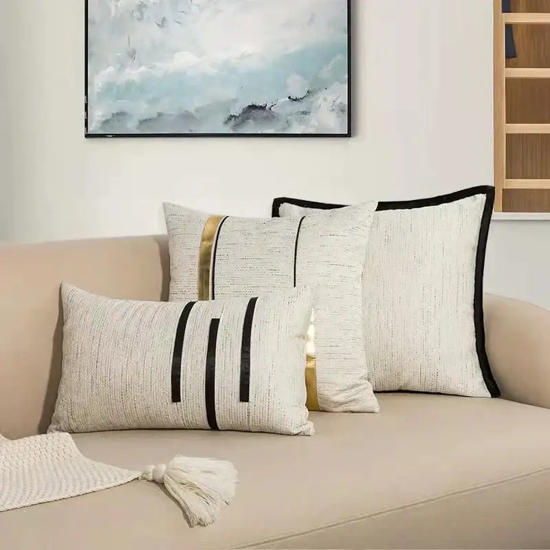 Modern off-white and gold black stripe jaquard cushion cover living room