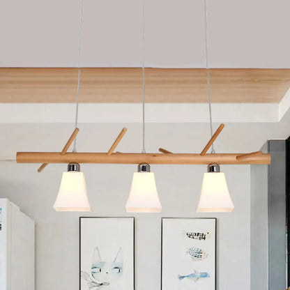 DecorBites™ Modern Opal Glass Chandelier with 3-Light Island Lighting in Wood for Dining Room