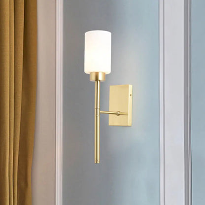 DecorBites™ Modern Opal Glass Tube Sconce - 1 Bulb Wall Light in Brass with Metal Pencil Arm