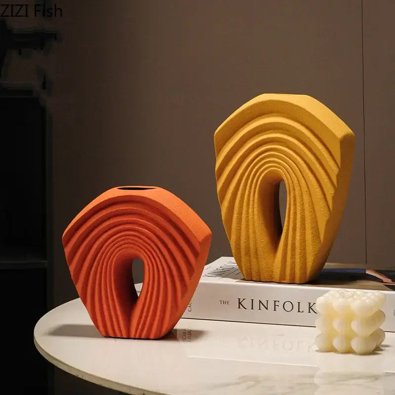 Modern orange geometric ceramic vase living room sculptural decor