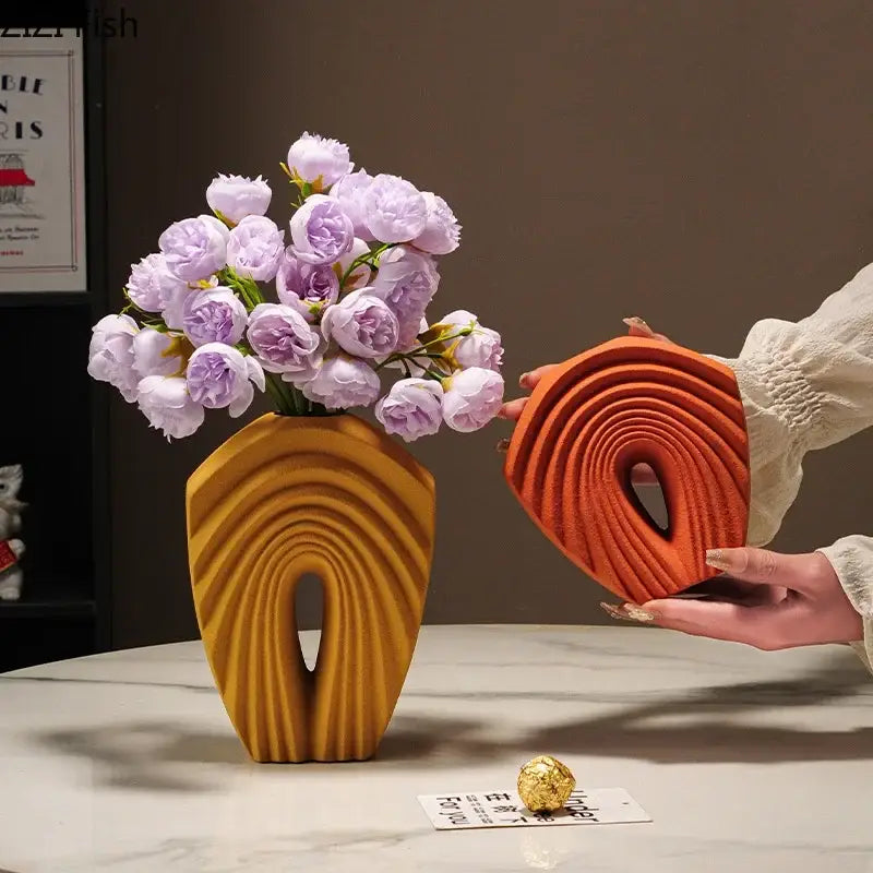 Modern orange geometric ceramic vase living room sculptural decor