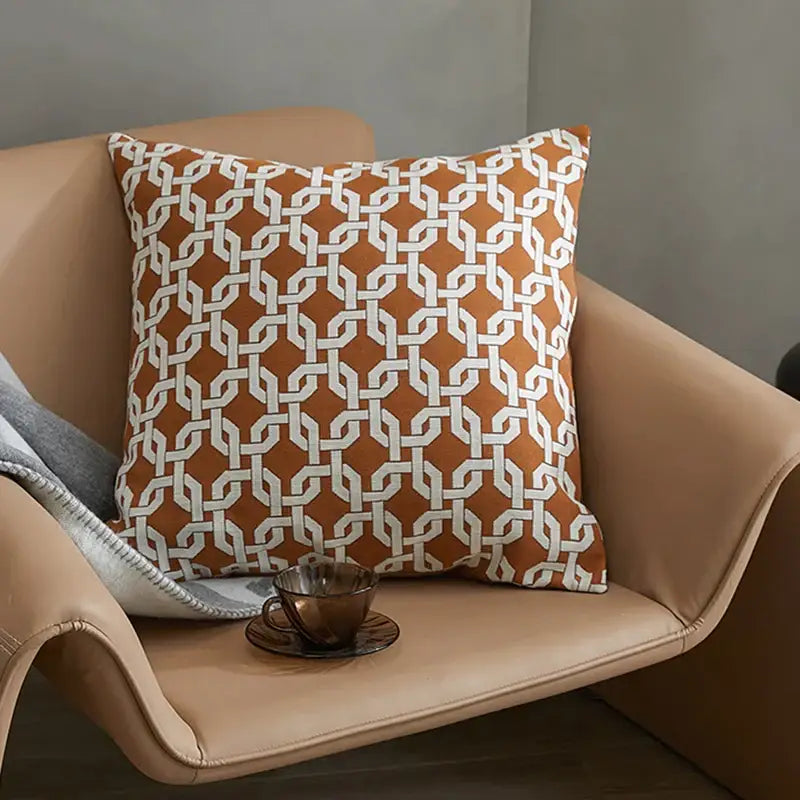Modern orange & white jacquard crochet pillow covers living room