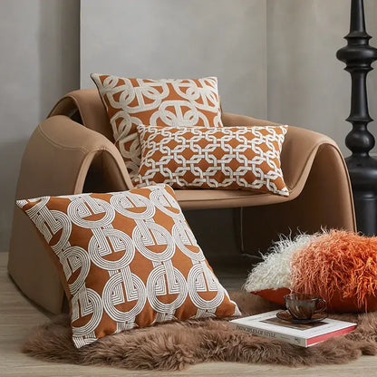 Modern orange & white jacquard crochet pillow covers living room