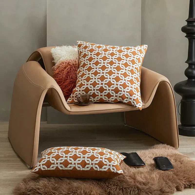 Modern orange & white jacquard crochet pillow covers living room