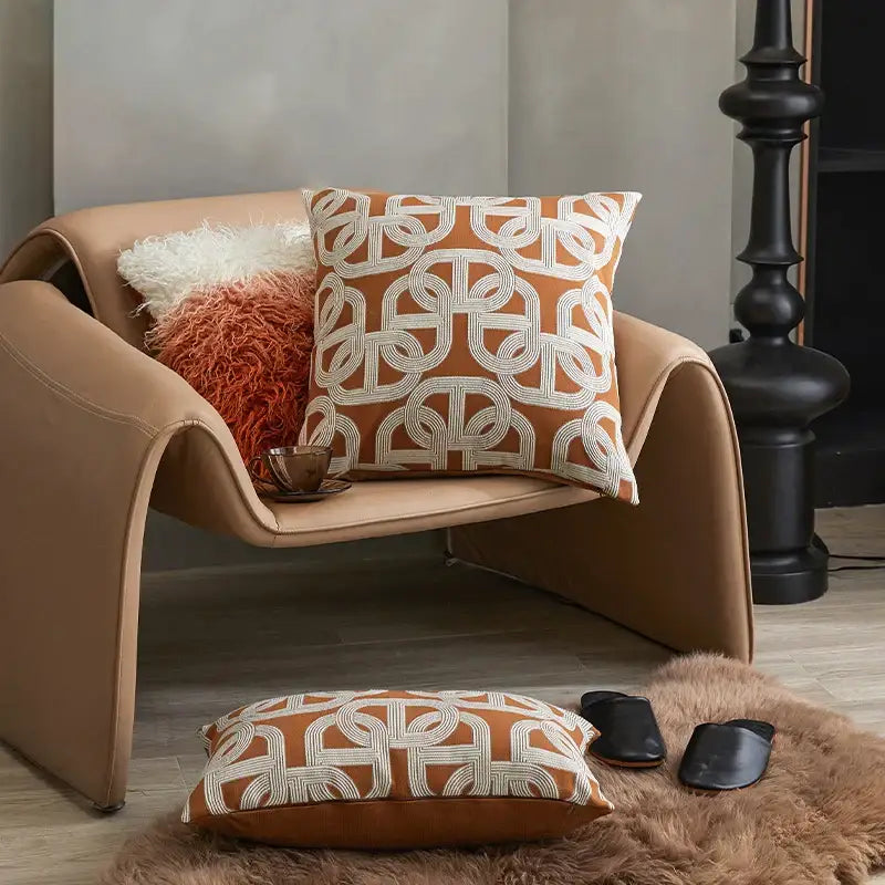 Modern orange & white jacquard crochet pillow covers living room
