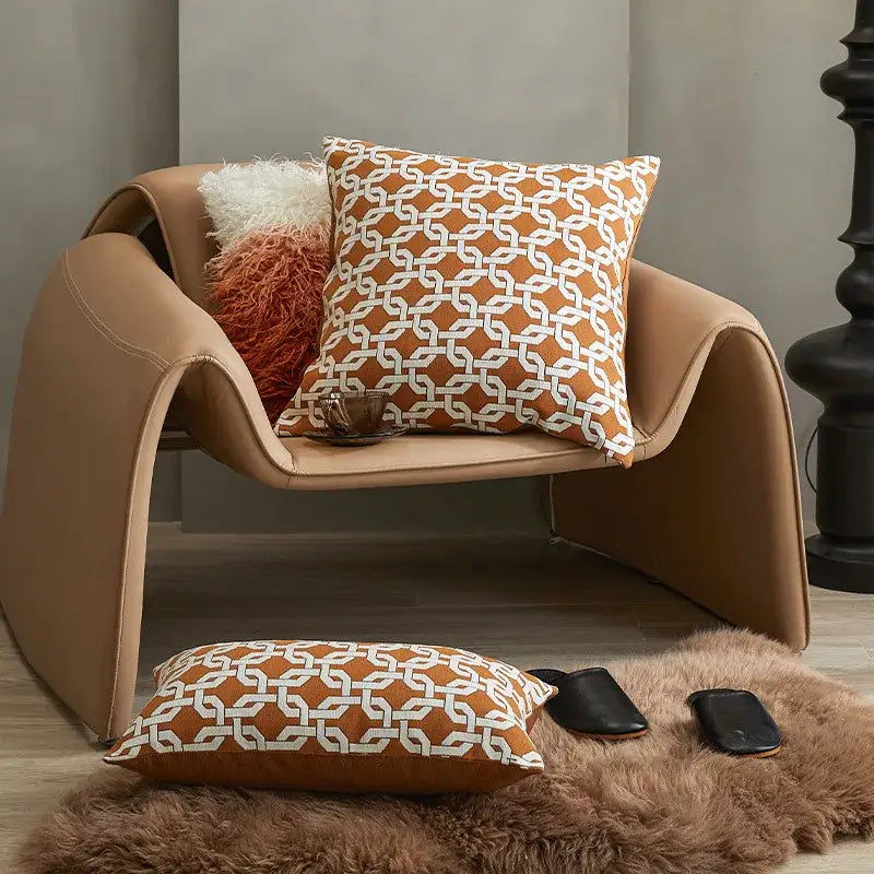 Modern orange & white jacquard crochet pillow covers living room