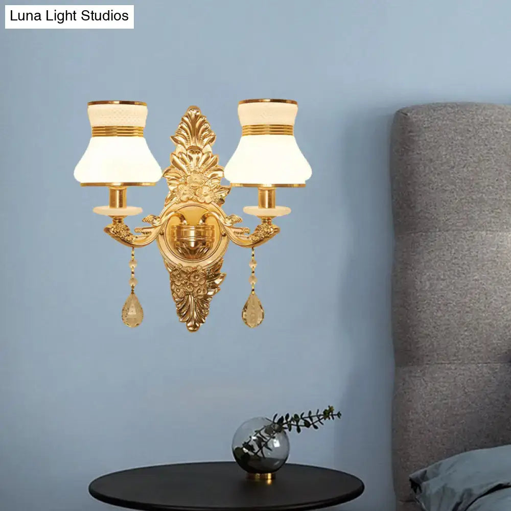 Modern ornate gold wall light with frosted glass shade bedroom sconce