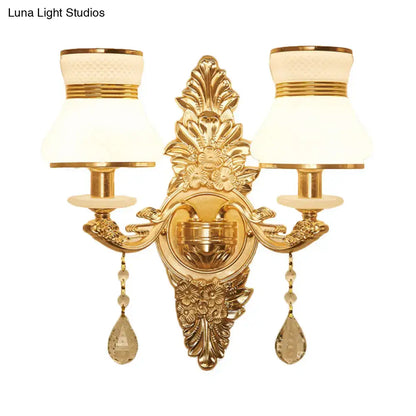 Modern ornate gold wall light with frosted glass shade bedroom sconce