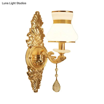 Modern ornate gold wall light with frosted glass shade bedroom sconce