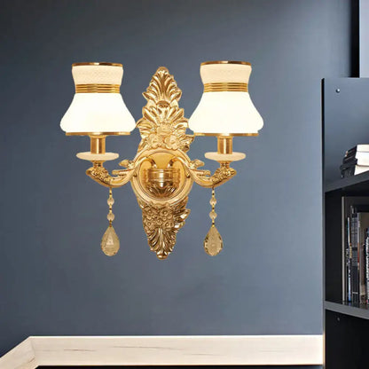 Modern ornate gold wall light with frosted glass shade bedroom sconce