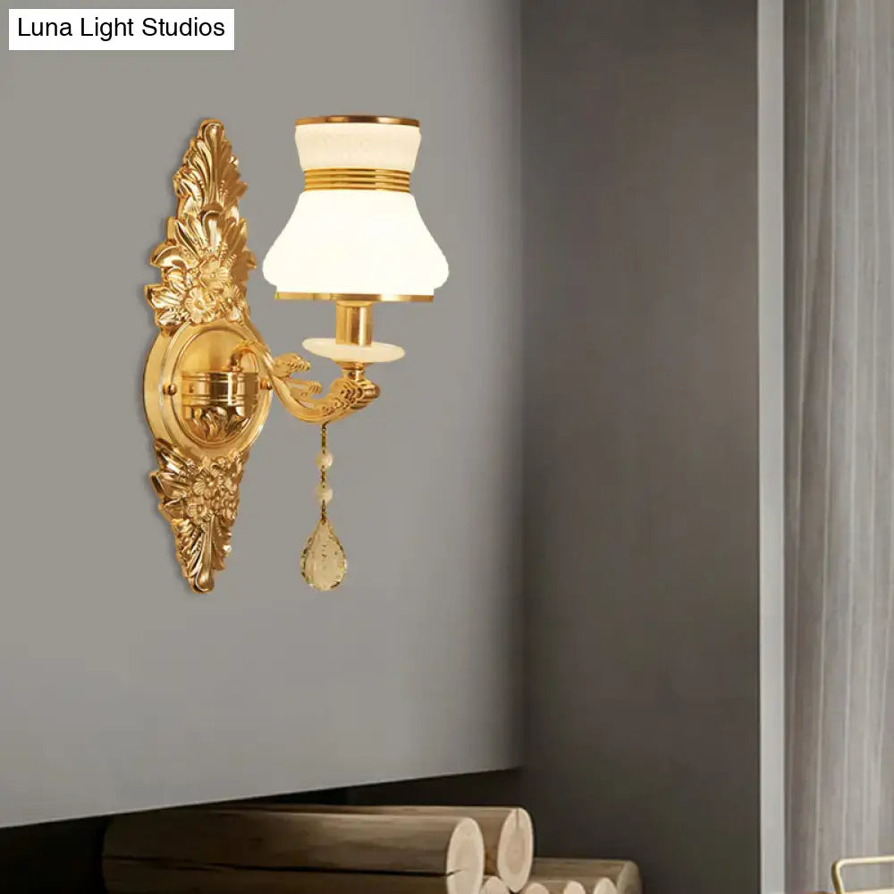 Modern ornate gold wall light with frosted glass shade bedroom sconce