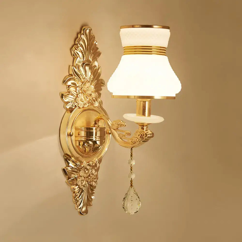 Modern ornate gold wall light with frosted glass shade bedroom sconce